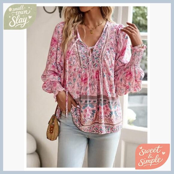 Floral Bishop Sleeve Tie Front Blouse, Viscose Material, Regular Fit - Picture 4 of 5